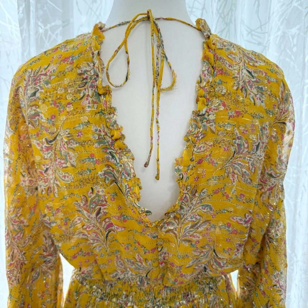 THE KOOPLES FEUILLE D’OR SILK FLORAL METALLIC GOLD YELLOW LONG SLEEVE MINI DRESS - Picture 6 of 15